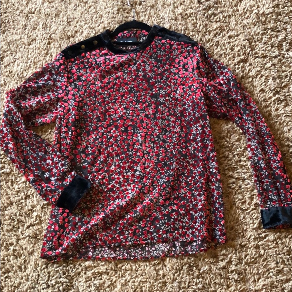 The Kooples Red and Black Floral Long Sleeve Blouse